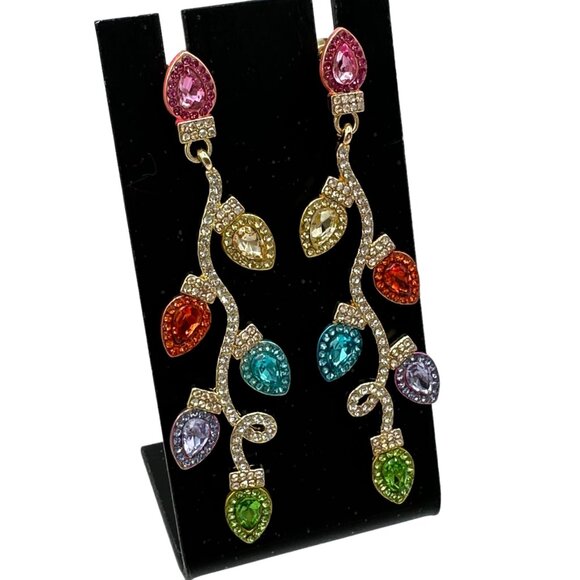 Multicolor Crystal Christmas Light Earrings Festive Statement Jewelry Holiday - Picture 6 of 8